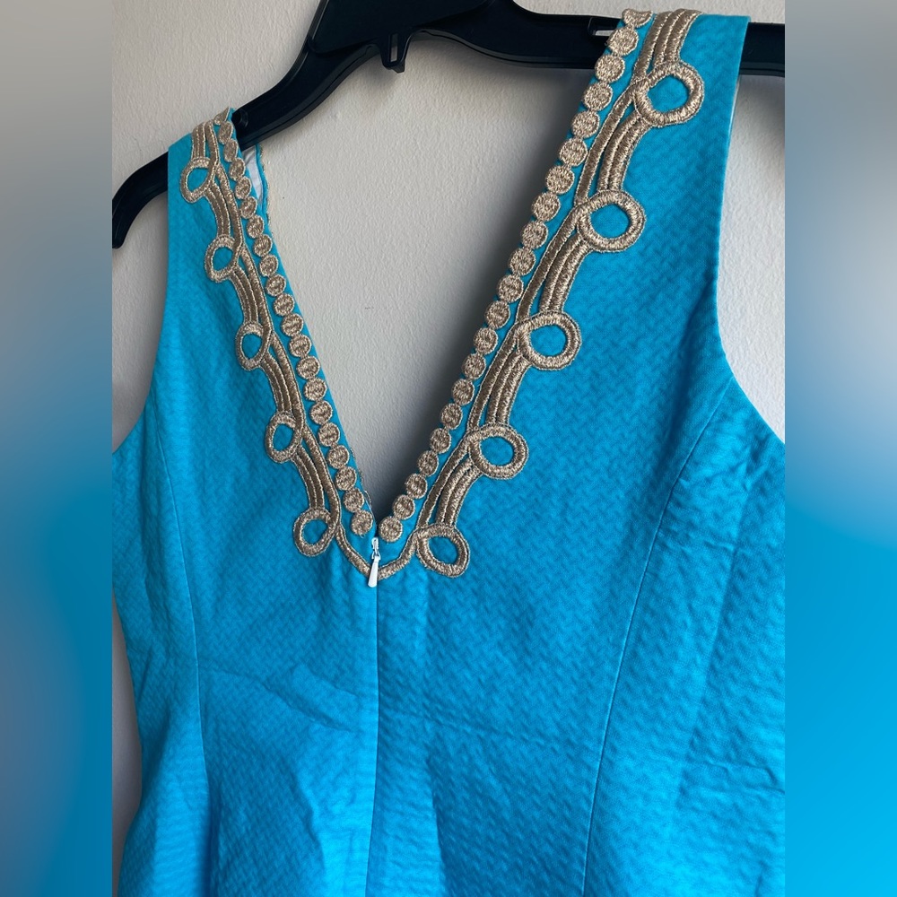 Lilly Pulitzer Bentley Shift Dress Searulean Blue Gold Embroidered Size 10 - Picture 9 of 13